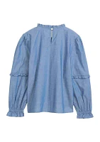 Girls 4-6x Chambray Smocked Ruffle Top