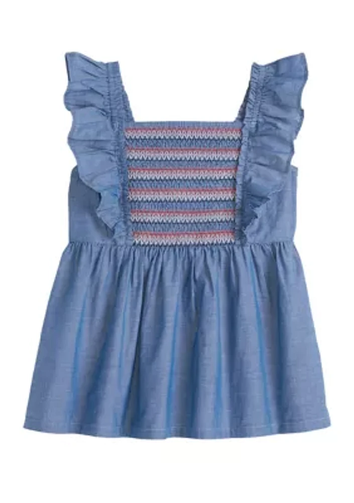 Girls 4-6x Chambray Smocked Flutter Sleeve Top