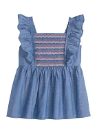 Girls 4-6x Chambray Smocked Flutter Sleeve Top