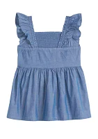 Girls 4-6x Chambray Smocked Flutter Sleeve Top