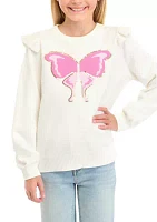 Girls 7-16 Butterfly Graphic Ruffle  Sweater