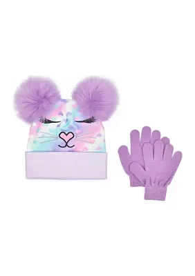 Bella Hearts Printed Pom Pom Beanie and Gloves Set