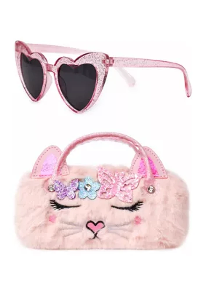 Girls 4-6x Bella Butterfly Faux Fur Sunglass Case and Heart Sunglasses