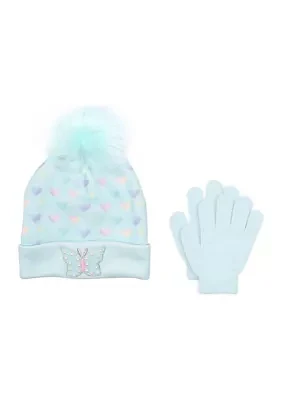 Girls Butterfly Hearts Printed Pom Pom Beanie and Gloves Set