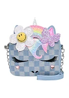 Girls Butterfly Daisy Flowers Crown Denim Checkerboard Crossbody