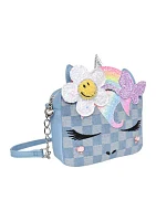 Girls Butterfly Daisy Flowers Crown Denim Checkerboard Crossbody