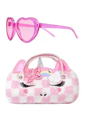 Girls Butterfly Checkered Printed Purse and Sunglasses