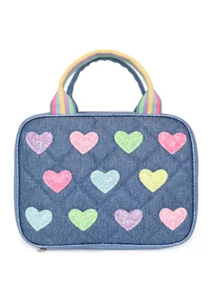 Hearts Glitter Print Denim Lunch Bag