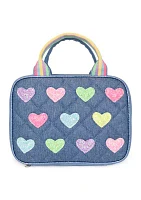 Hearts Glitter Print Denim Lunch Bag