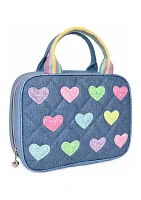 Hearts Glitter Print Denim Lunch Bag