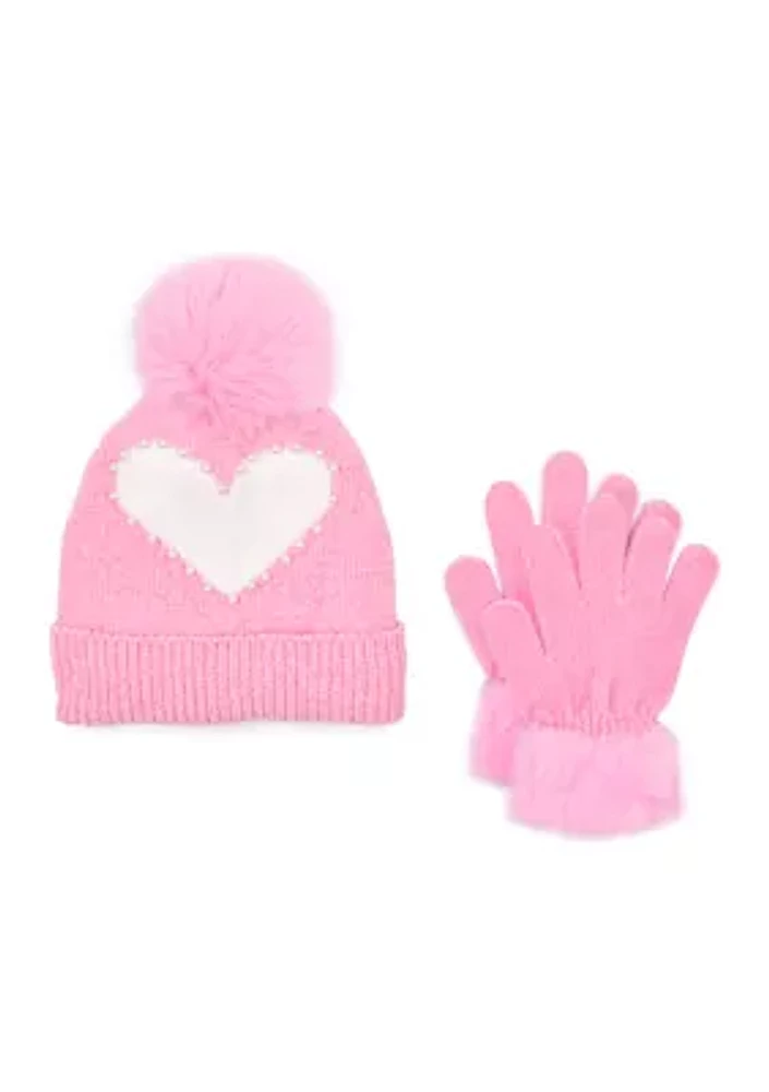 Girls Heart Pom Pom Hat and Gloves Set