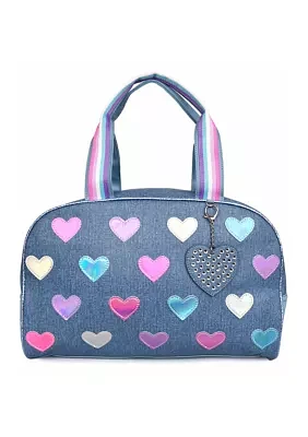 Girls Hearts Denim Medium Duffle Bag with Heart Charm