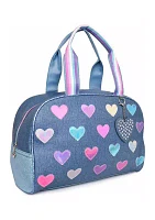 Girls Hearts Denim Medium Duffle Bag with Heart Charm