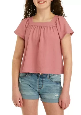 Girls 7-16 Short Sleeve Square Neck Woven Top