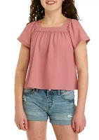 Girls 7-16 Short Sleeve Square Neck Woven Top