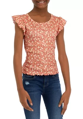 Girls 7-16 Short Ruffle Sleeve Ribbed Top