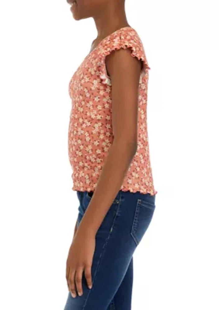 Girls 7-16 Short Ruffle Sleeve Ribbed Top