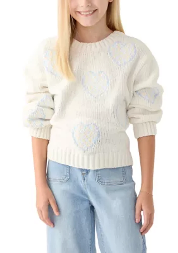 Girls 7-16 Ombré Flowers Crew Neck Sweater