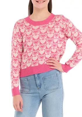 Girls 7-16 Groovy Heart Printed Sweater