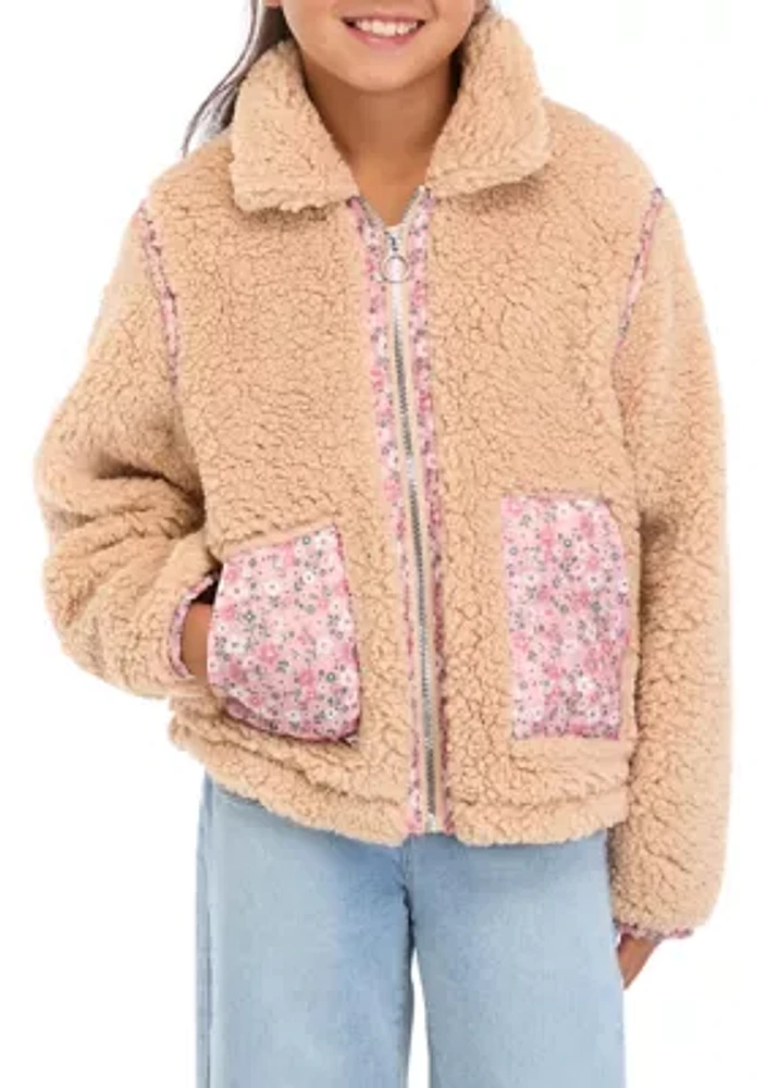 Girls 7-16 Sherpa Jacket with Printed Pockets