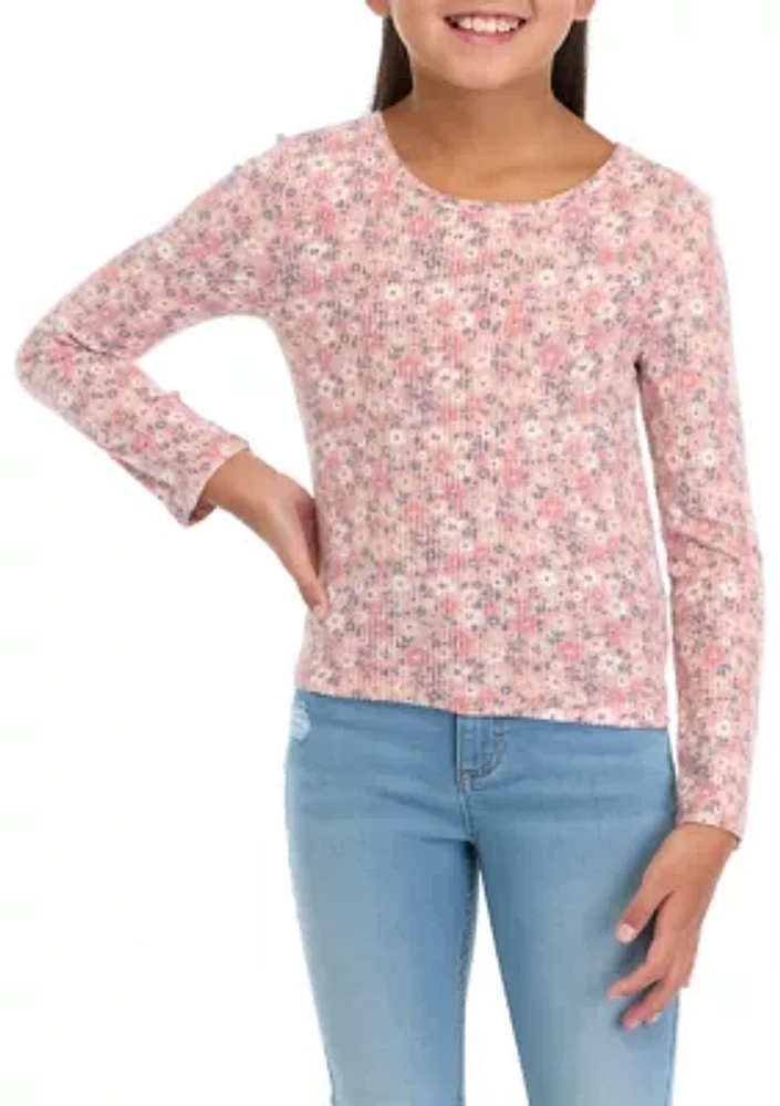 Girls 7-16 Floral Printed Seamless Waffle Knit Top