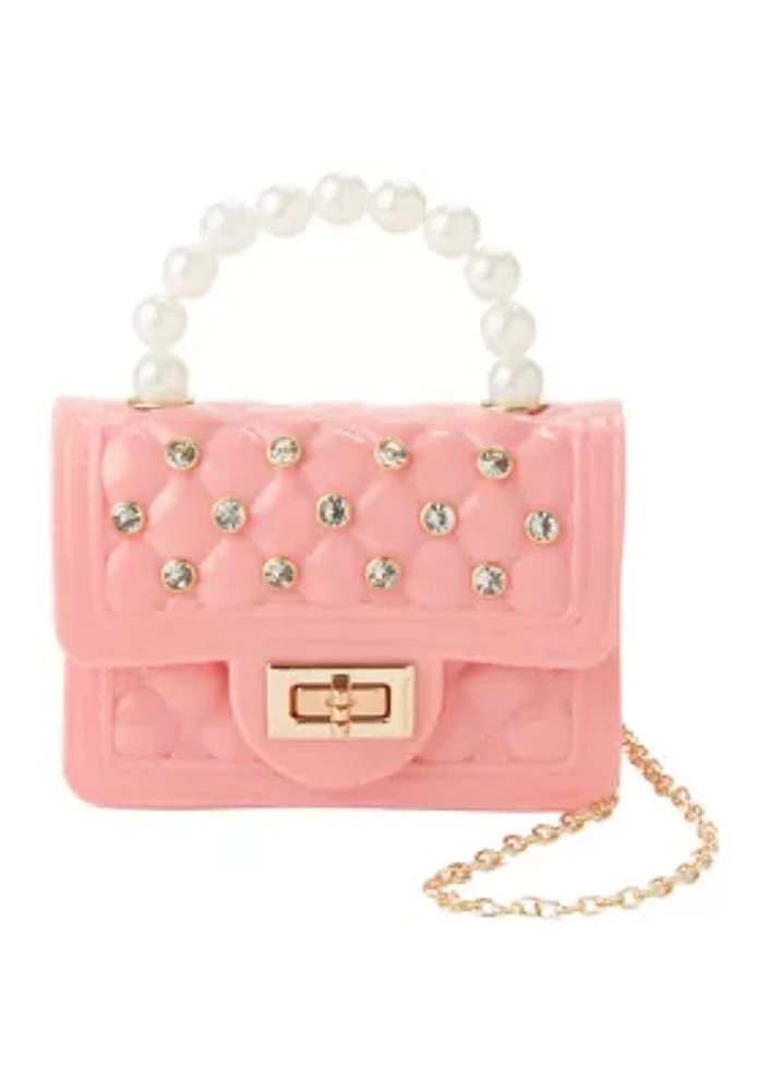 Girls Quilted Small Jelly Handbag with Faux Pearl Handle