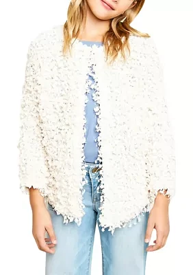 Girls 7-16 Fringe Keyhole Cardigan