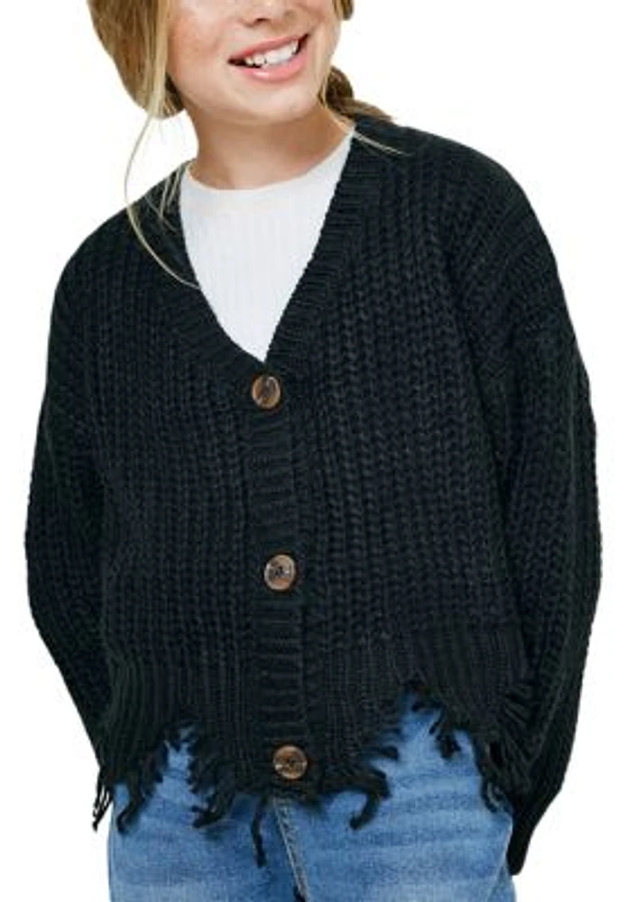 Girls 7-16 Cardigan with Destroyed Hem