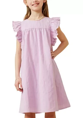 Girls 7-16 Textured Lace Trim Ruffle Sleeve Dress