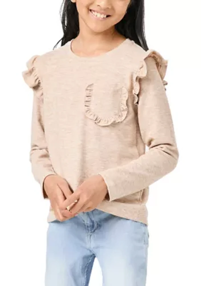 Girls 7-16 Ruffled Long Sleeve Pocket Top