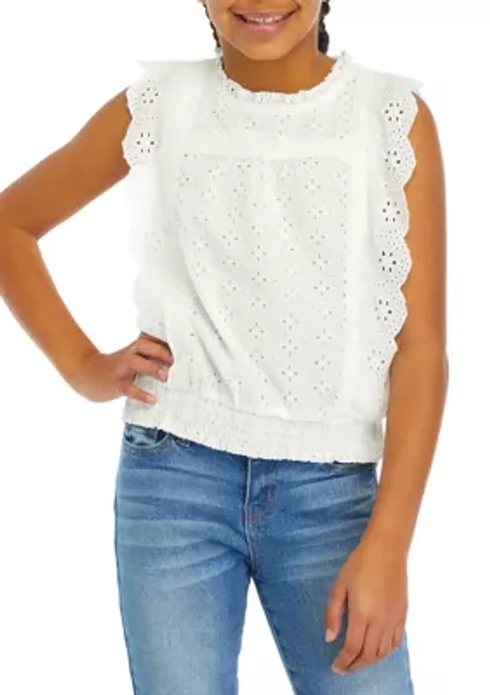 Girls 7-16  Eyelet Ruffled Sleeveless Top