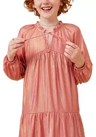 Girls 7-16 Textured Iridescent Glow Tasseled Long Sleeve Dress