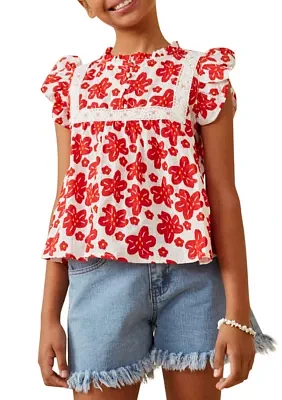 Girls 7-16 Embroidery Textured Floral Lace Inset Top