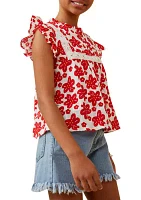 Girls 7-16 Embroidery Textured Floral Lace Inset Top