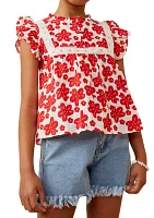 Girls 7-16 Embroidery Textured Floral Lace Inset Top