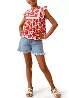 Girls 7-16 Embroidery Textured Floral Lace Inset Top