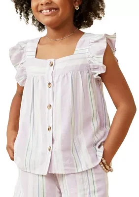 Girls 7-16 Striped Square Neck Ruffled Button Top