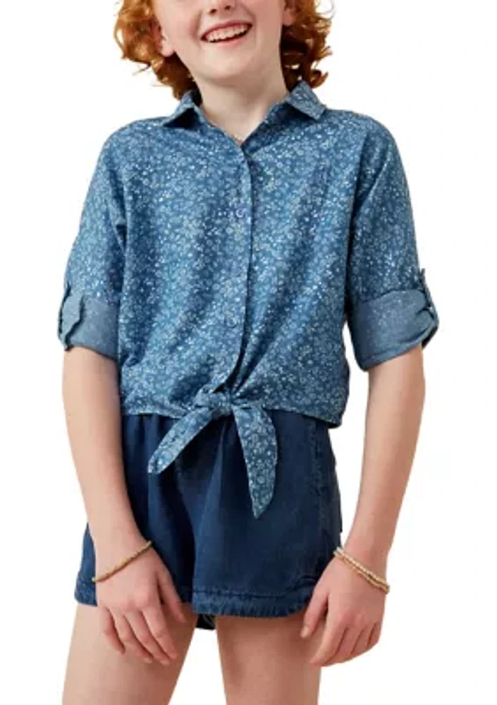 Girls 7-16 Denim Tie Front Roll Up Shirt