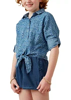 Girls 7-16 Denim Tie Front Roll Up Shirt