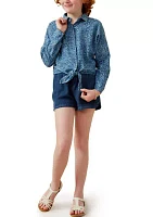 Girls 7-16 Denim Tie Front Roll Up Shirt