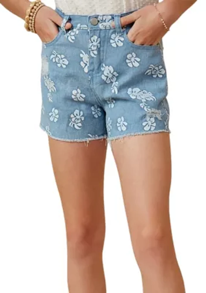 Girls 7-16 Floral Printed Denim Shorts