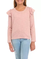 Girls 7-16 Marled Textured Ruffle Detail Scoop Knit Top