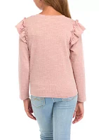 Girls 7-16 Marled Textured Ruffle Detail Scoop Knit Top