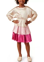 Girls 7-16 Colorblocked Tiered Skirt Satin Dress