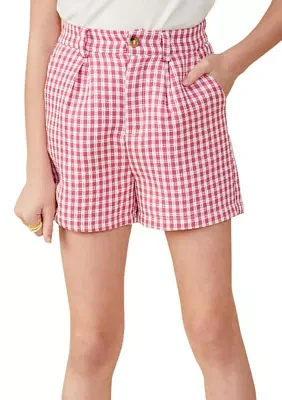 Girls 7-16 Pleated Detailed Textured Checkered Shorts