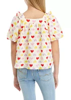 Girls 7-16 Ruffle Heart Print Top