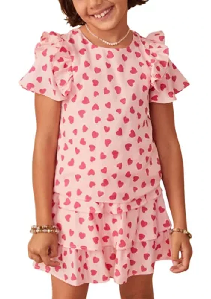 Girls 7-16 Heart Printed Ruffle Dress