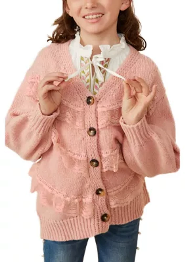 Girls 7-16 Cardigan with Tiered Lace Detail