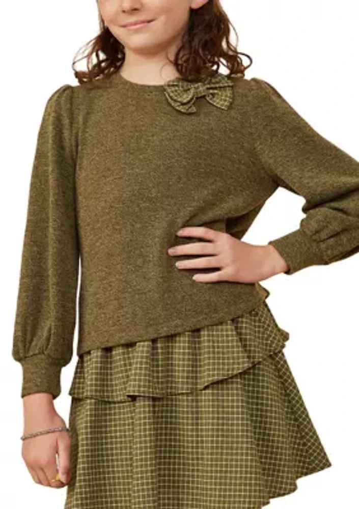 Girls 7-16 Knit Top with Plaid Bow