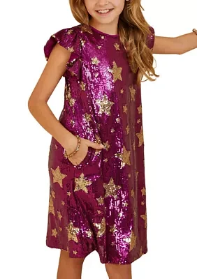 Girls 7-16 Sequin Star Printed Shift Dress